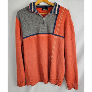 MALAGRIDA Mens Zip Neck Jumper pullover Sweater L/XL? Orange Virgin Wool